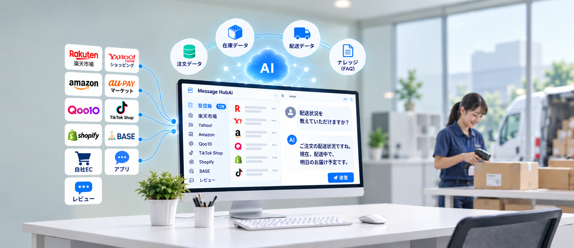 複数のECモール・店舗からの問い合わせをMessage HubAiに集約し、AIが回答と後続業務を支援するイメージ